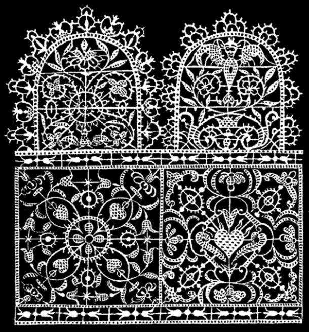 Design for Reticella lace or point couppe by Federico de Vinciolo from Les Singuliers et Nouveaux Pourtaicts.