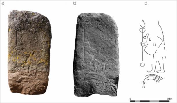 Rhynie stone (3): a) flash photography (© Michael Sharpe); b) hillshade model; c) interpretation. (University of Aberdeen)