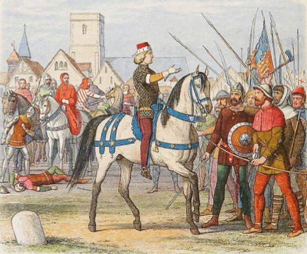 Richard II exerts control over the rebel mob during the Peasants' Revolt. Public domain
