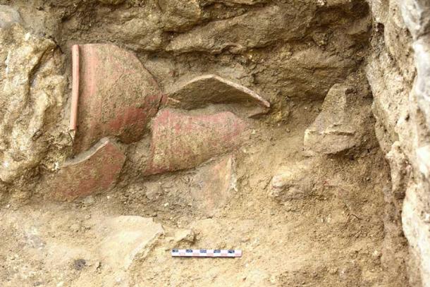 Rim fragments of the chamber pot during excavations at the Roman villa in Gerace, Sicily. (Sophie Rabinow / Journal of Archaeological Science)