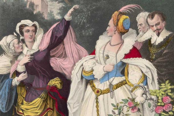 The Rival Queens – Mary Queen of Scots Defying Queen Elizabeth in a 19th century print. (Public domain)