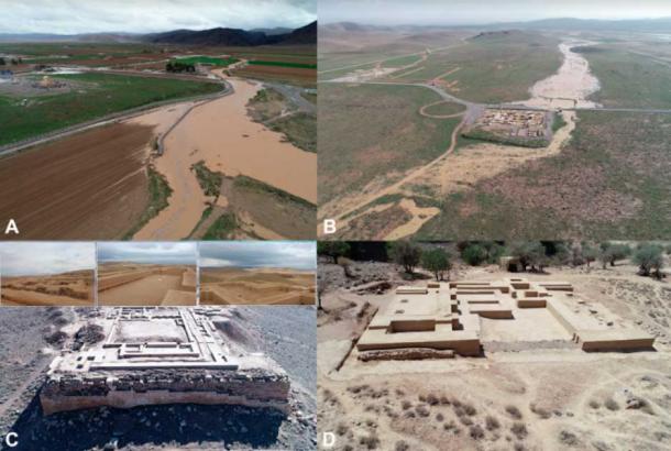 A y B) Inundaciones superficiales y fluviales en el sitio del Patrimonio Mundial de Pasargadae en 2019, y adaptación de estructuras de tierra en Tal-e Takht (C) y Tang-e Bolaghipavilion (D) (fotografías de M. Hosseini) . (Antigüedad Publicaciones Ltd)