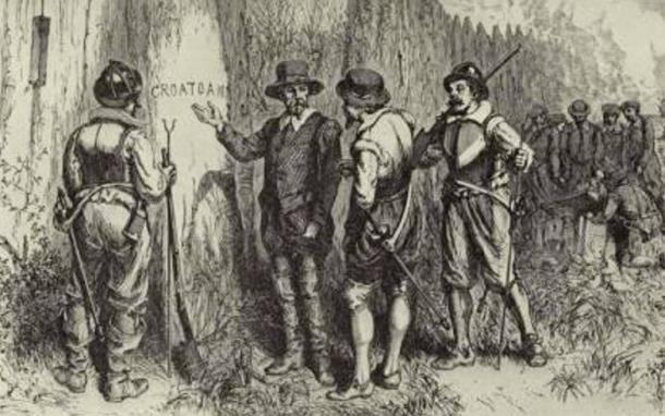 John White discovers the word "CROATOAN" carved at Roanoke's fort palisade.
