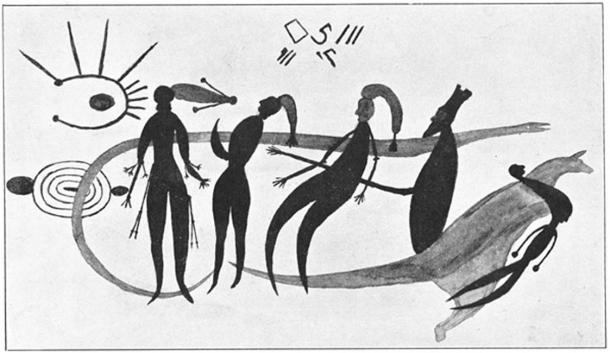 Rock art from the Bradshaw collection of Western Australia showing human figures seen alongside a kangaroo-like creature with either celestial objects or otherworldly manifestations above them. (Public Domain)