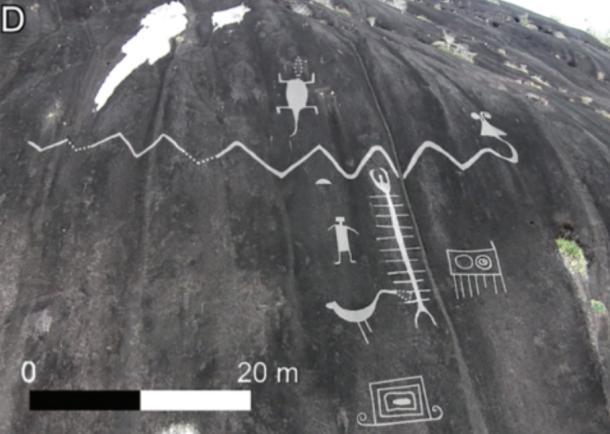Rock panel featuring many engravings including a ~42m-long snake, thought to be the largest petroglyph in the world