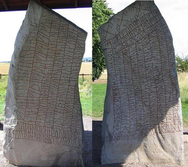 The Front and Back of the Rök runestone.