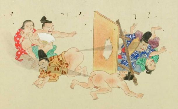Roland the Farter was not alone; several cultures appreciated the humor of flatulence. Japanese drawing He-gassen (Fart Battle), 1864 (Public Domain)