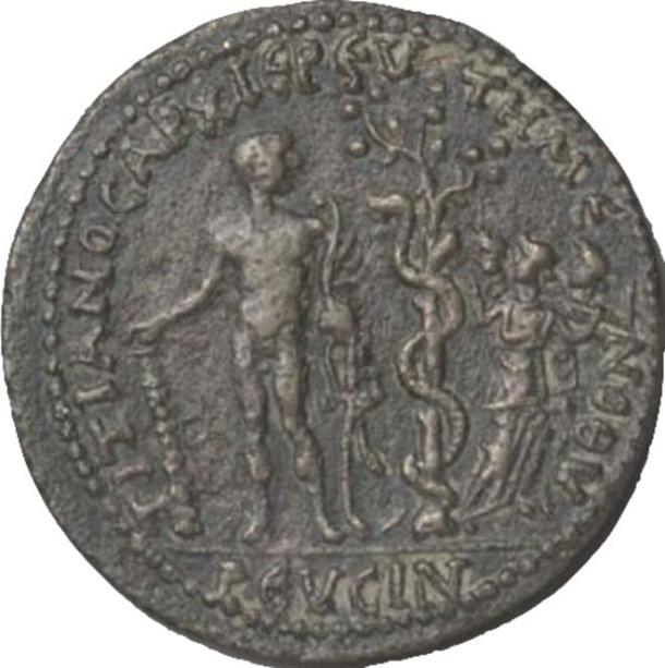 Roman coin from the 3rd century AD. Hercules, the serpent-entwined apple tree, and three Hesperides. (Author provided)