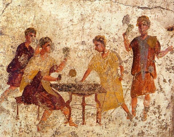 Roman fresco of dice players from the Osteria della Via di Mercurio in Pompeii.