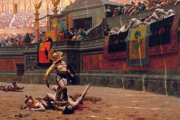 Jean-Leon Gerome painted this scene of a Roman gladiator with his foot on the neck of a victim. The crowd is pointing their thumbs down, which indicates they want the gladiator to kill the man.
