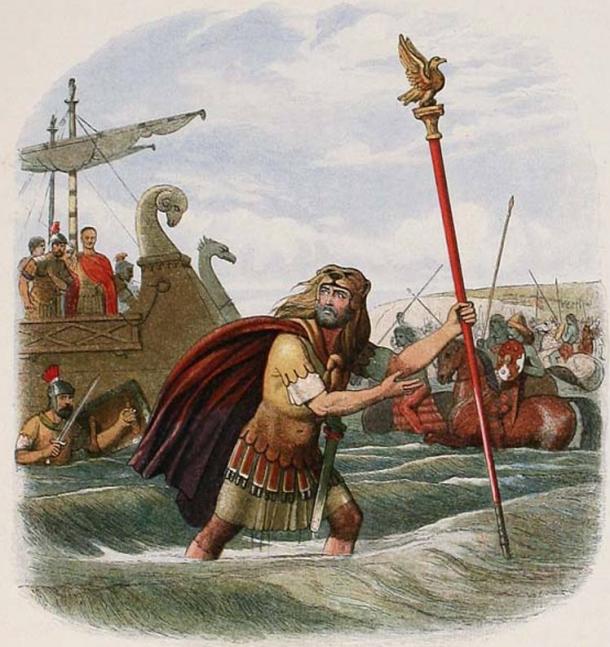 The Roman invasion of Britain: ‘The Standard-Bearer of the Tenth Legion’: a portrayal of the Roman Tenth Legion’s landing at England in 55 BC.