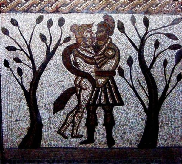 Mosaic of a Roman soldier embracing a woman.