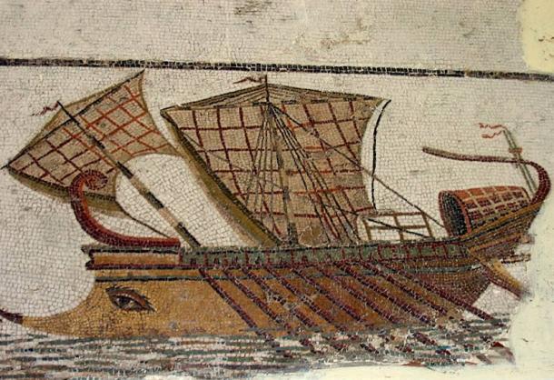 Roman trireme on the mosaic in Tunisia
