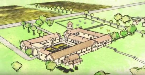 Screenshot showting the Roman villa as rendered by a video artist, based on the discoveries made at the site.