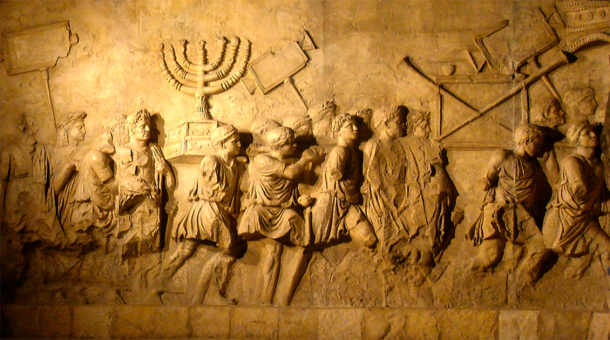 Copy of Roman Triumphal arch panel from Beth Hatefutsoth, showing the spoils taken from Jerusalem temple. (CC BY 3.0)