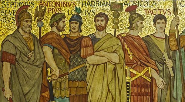Roman generals and emperors closeup in the frieze of the Great Hall of the National Galleries Scotland by William Brassey Hole. (Public domain)