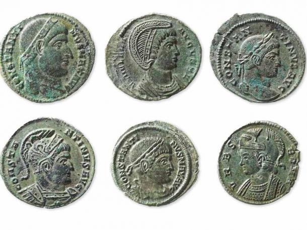 All the Roman coins in the recent Swiss Roman coin hoard, made during the reign of Constantine the Great (306-337 AD), show portraits of the emperor and his relatives in the front. (Rahel C. Ackermann / Inventar der Fundmunzen Schweiz)
