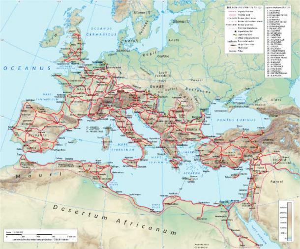 The Roman Empire in the time of Hadrian (ruled 117–138 AD), showing the network of main Roman roads (DS28 / CC BY SA 4.0)