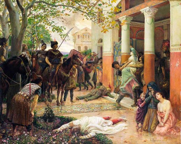 Roman villa in Gaul sacked by the hordes of Attila the Hun by Georges Rochegrosse. (Public domain)