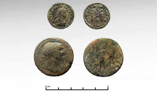 Bronze Roman coins (Trajan's sestertius, after 106 AD, below, and Diocletian's coin of 285 AD, above). (Greek Culture Ministry)