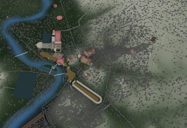 The Rome of Augustus’ time from above, as re-envisioned by UCLA researchers. The buildings in pink were marble.