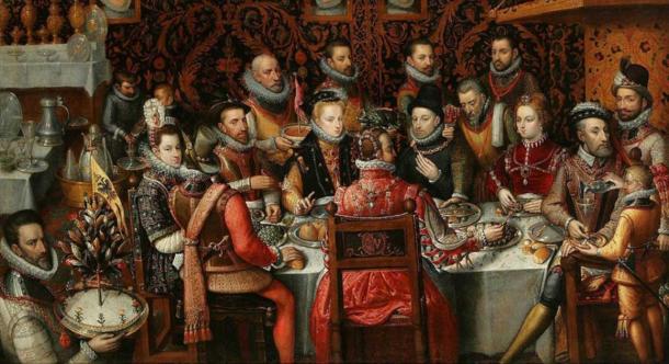 A Royal Feast, the 1579 painting of King Philip II of Spain banqueting with his family and courtiers, by Sánchez Coello. (Public domain)