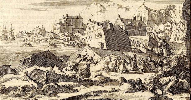 Port Royal earthquake 1692 by Jan Luyken. (Public domain)
