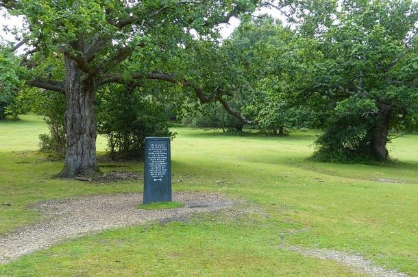 The Rufus Stone amid oak trees in the New Forest, Hampshire