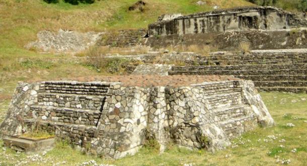 Ruins of an altar at the Great Pyramid of Cholula. When excavated it was found to contain two deformed skulls of decapitated children when it was excavated.