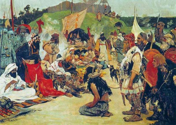 The Rus trading saqaliba slaves with the Khazars. The slaves ended up in the Abbasid Caliphate via the Caspian Sea Volga trade route from Eastern Europe. (Sergey Ivanov / Public domain)