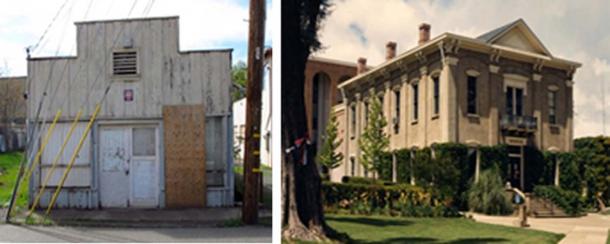 Ruth Tennyson’s Silverado Gift Shop & Indian Museum (left). Photo by Kevin Engle, 2016. Lakeport Court Museum (right). Public Domain.