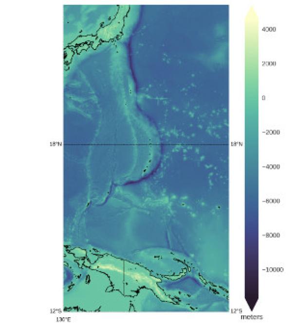 SRTM bathymetry map shows the depth of the Mariana trench region, off the coast of Japan and Insonesia. 