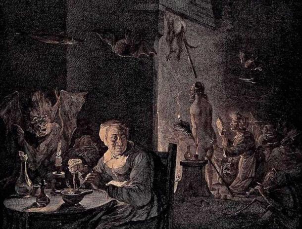 Preparación para el sábado de las brujas Detalle de un grabado de J. Aliame según el cuadro de Teniers el Joven. (Dominio publico)