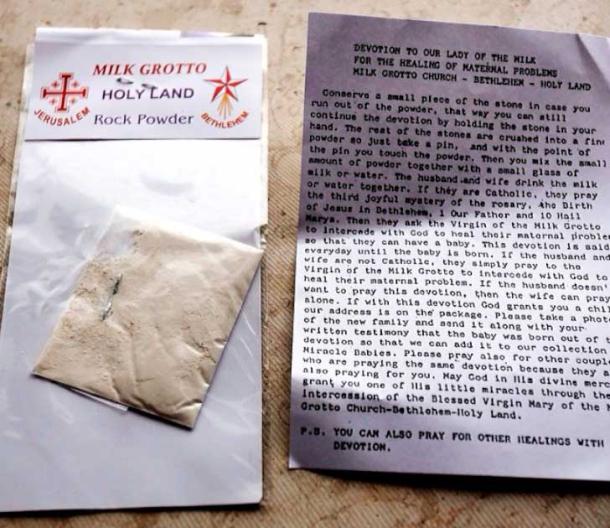 Sachets of Virgin Mary milk powder are said to have miraculous properties able to cure infertility. (Anton Diaz / CC BY-NC-SA 2.0)