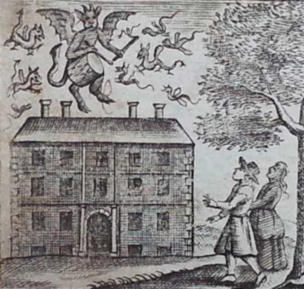 El diablo y el tambor, desde el frontispicio hasta la tercera edición de Saducismus Triumphatus, 1700 (Dominio público).