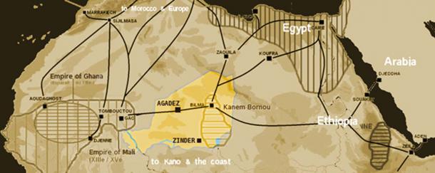 Saharan salt trade routes circa 1400 with the modern territory of Niger highlighted. (T L Miles / Public Domain)