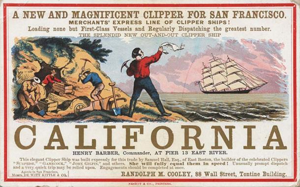 Sailing card for the clipper ship California, depicting scenes from the California gold rush. (ca. 1850) 