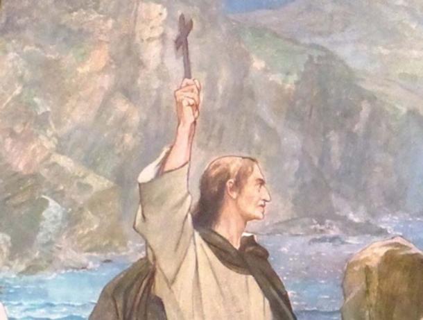 Saint Columba converting King Brude of the Picts to Christianity, by William Hole, circa 1899. Mural painting in the Scottish National Portrait Gallery. CC ASA 3.0