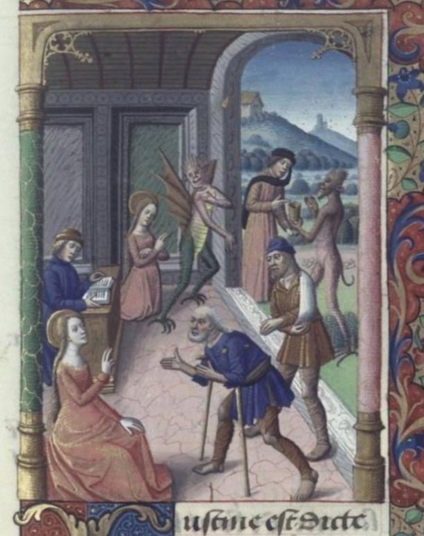 Saint Cyprian and the demon, 14th-century manuscript of the Golden Legend. 