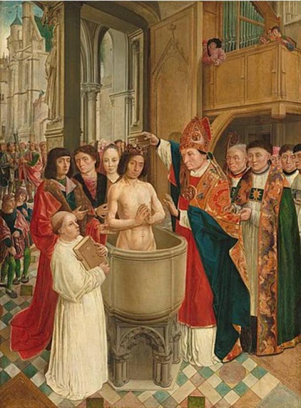 Saint Remigius baptizing Clovis I, founder of the Merovingian dynasty. Oil on panel by the Master of San Gil. (Public Domain)