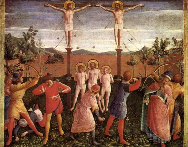 Saints Cosmas and Damian were crucified, stoned, thrown into the sea and finally beheaded, legend says. This painting showing the stoning and crucifixions, is by Fra Angelica.