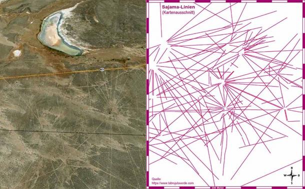Left: Some of the Sajama Lines as seen from the air. (Google Earth) Right: Diagram of the Sajama Lines by the University of Pennsylvania. (Meister / CC BY-SA 3.0)