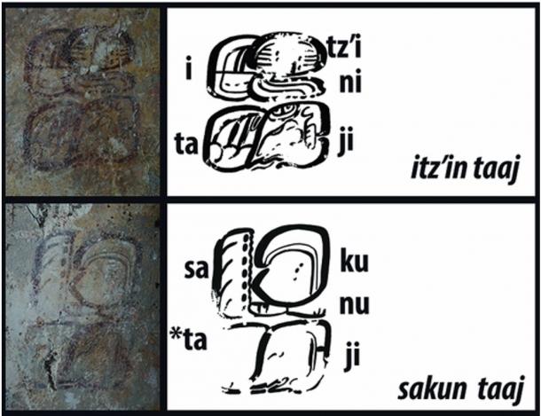 Sakun taaj means Senior Obsidian, and itz’in taaj means Junior Obsidian, apparent ranks of the people serving the ruler. These texts are on the walls near the figures.