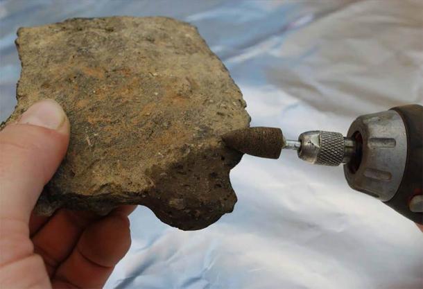 Samples of pottery being taken from ancient ceramics. (University of Bristol)