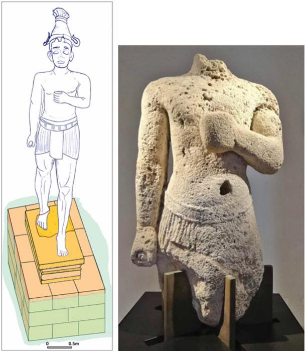 Sandstone statue of a male deity found in 1933 in the Marsala Lagoon (height: 1.28 m), Palermo, Museo Archeologico Regionale A. Salinas (© Museo Archeologico Regionale A. Salinas, Palermo/ Antiquity Publications Ltd).
