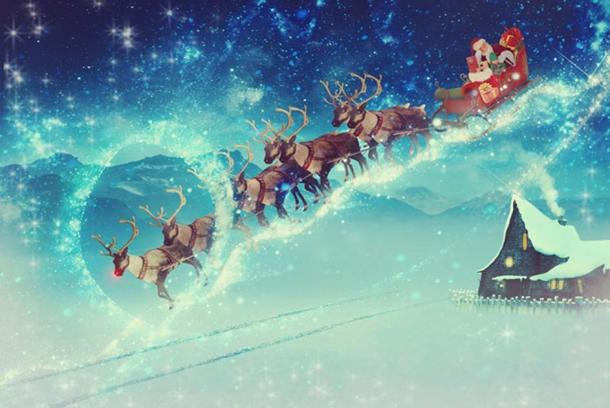 Santa Claus with his flying sleigh and reindeer. (CC0)