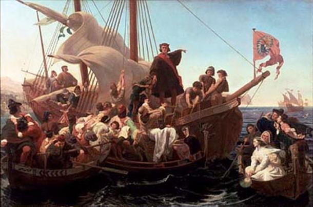 Painting depicting Christopher Columbus on Santa Maria in 1492.