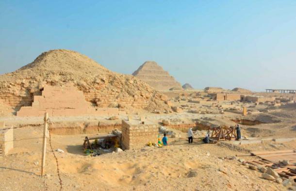 The Saqqara Saite Tombs Project excavation area, overlooking the pyramid of Unas and the step pyramid of Djoser north-west-facing. (© Saqqara Saite Tombs Project, University of Tübingen, Tübingen, Germany. Photographer: S. Beck/Nature
