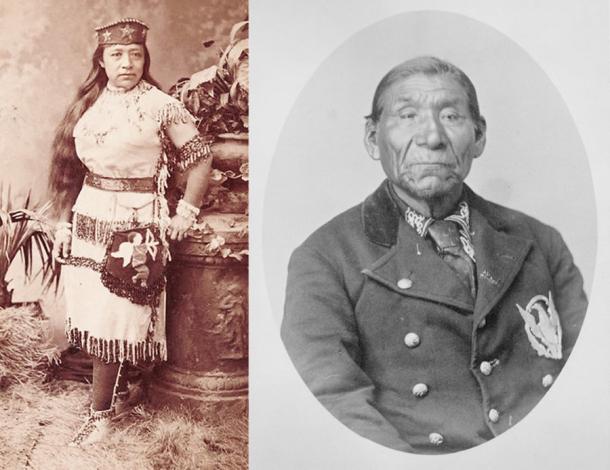 Sarah Winnemucca, escritora y conferencista paiute, a la izquierda, y su padre, el jefe Poito Winnemucca de los nativos paiute en Nevada.  (Dominio público / Dominio público)