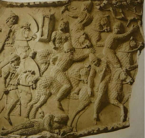 A depiction of Sarmatian cataphracts fleeing from Roman cavalry during the Dacian wars circa 101 AD, at Trajan's Column in Rome
